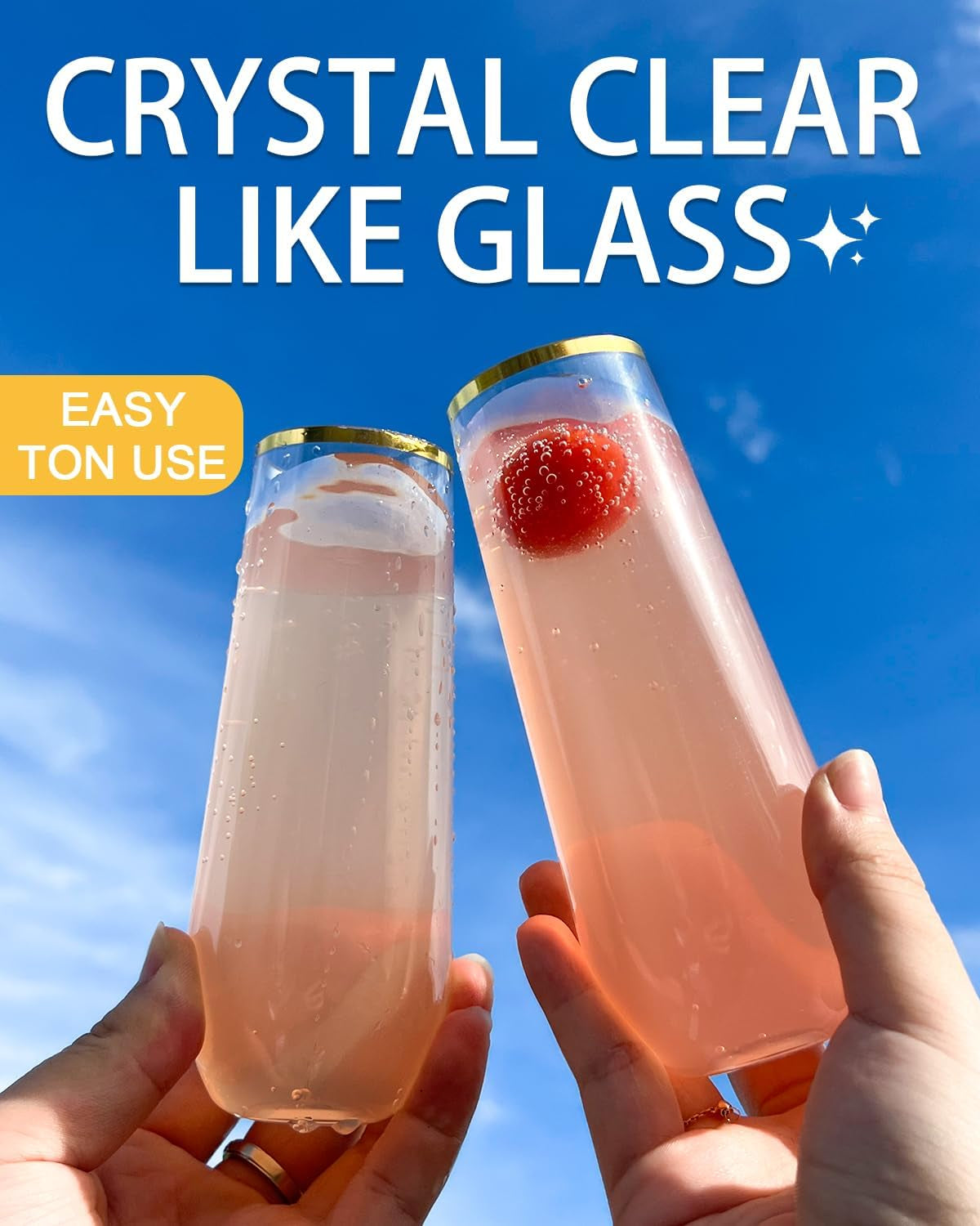 24 Pack Champagne Flutes Plastic, 9 Oz Disposable Stemless Mimosa Gold Rim Toasting Glasses, Clear Crystal Plastic Cocktail Cups for Bridal Shower Wedding Party Birthday Mimosa Bar