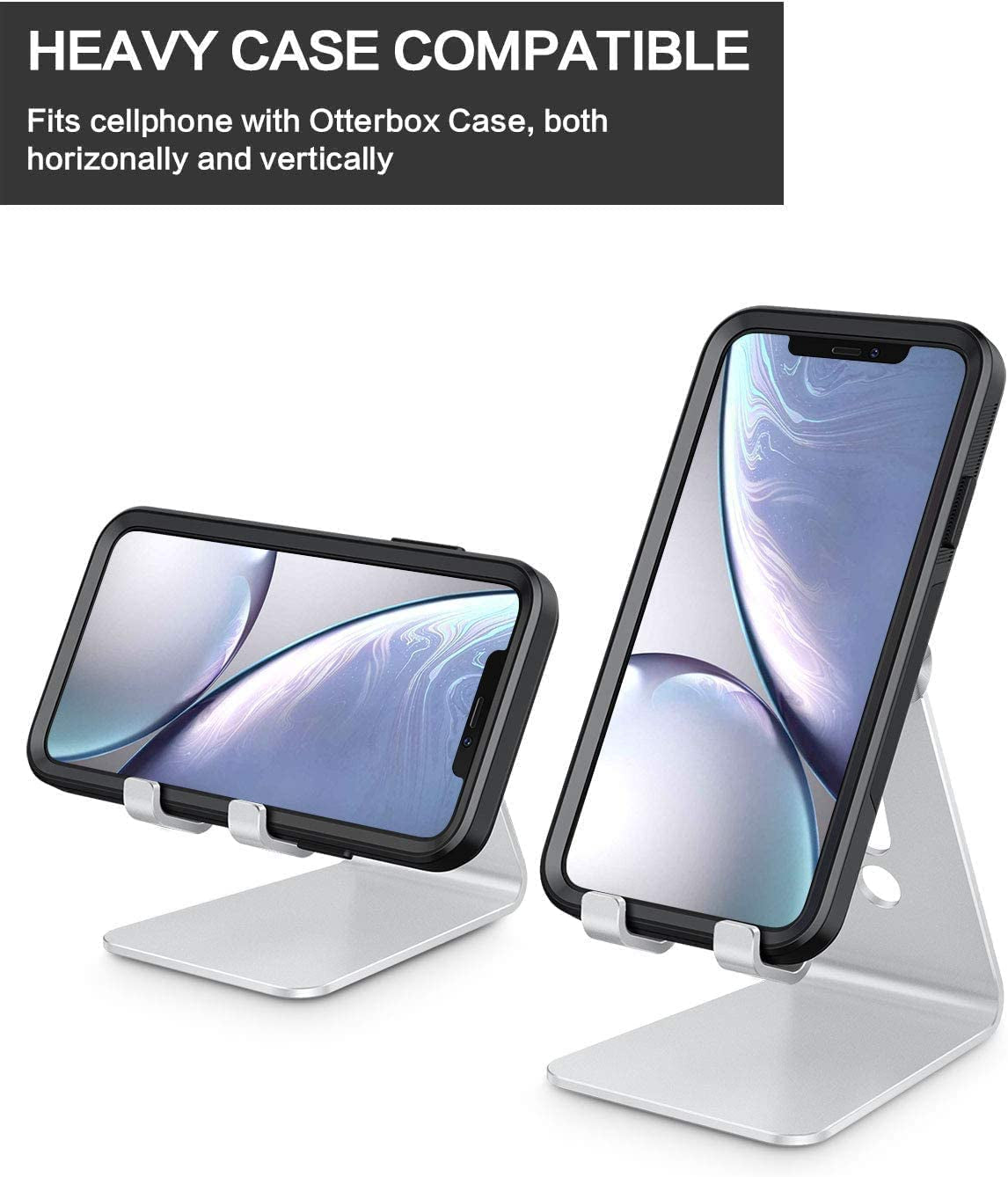 Adjustable Cell Phone Stand, Aluminum Desktop Cellphone Stand with Anti-Slip Base and Convenient Charging Port, Fits All Smart Phones, Silver