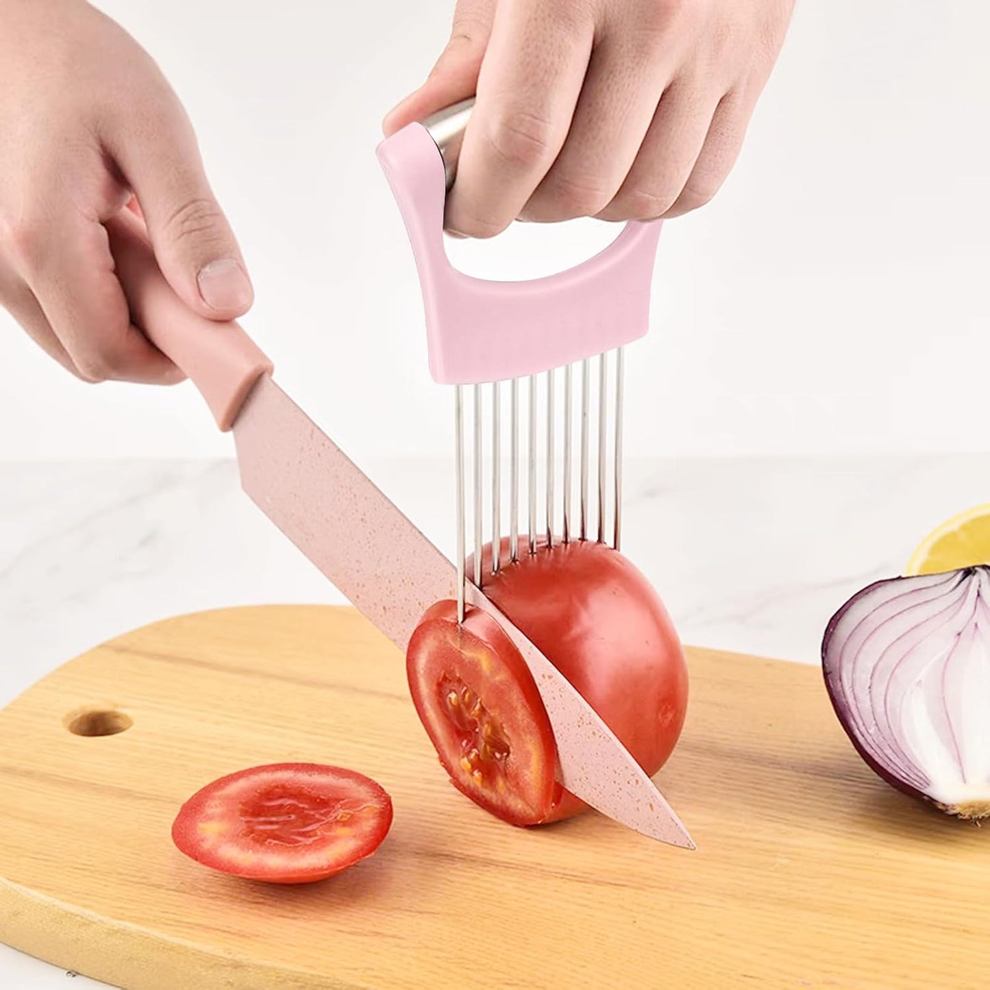 Pink Stainless Steel Onion Holder for Slicing,Onion Slicer Holder, Onion Cutter for Slicing of Onions, Tomatoes,Avocados,Eggs and Other Vegetables,Valentine'S Day Gift Kitchen Utensils (Pink)
