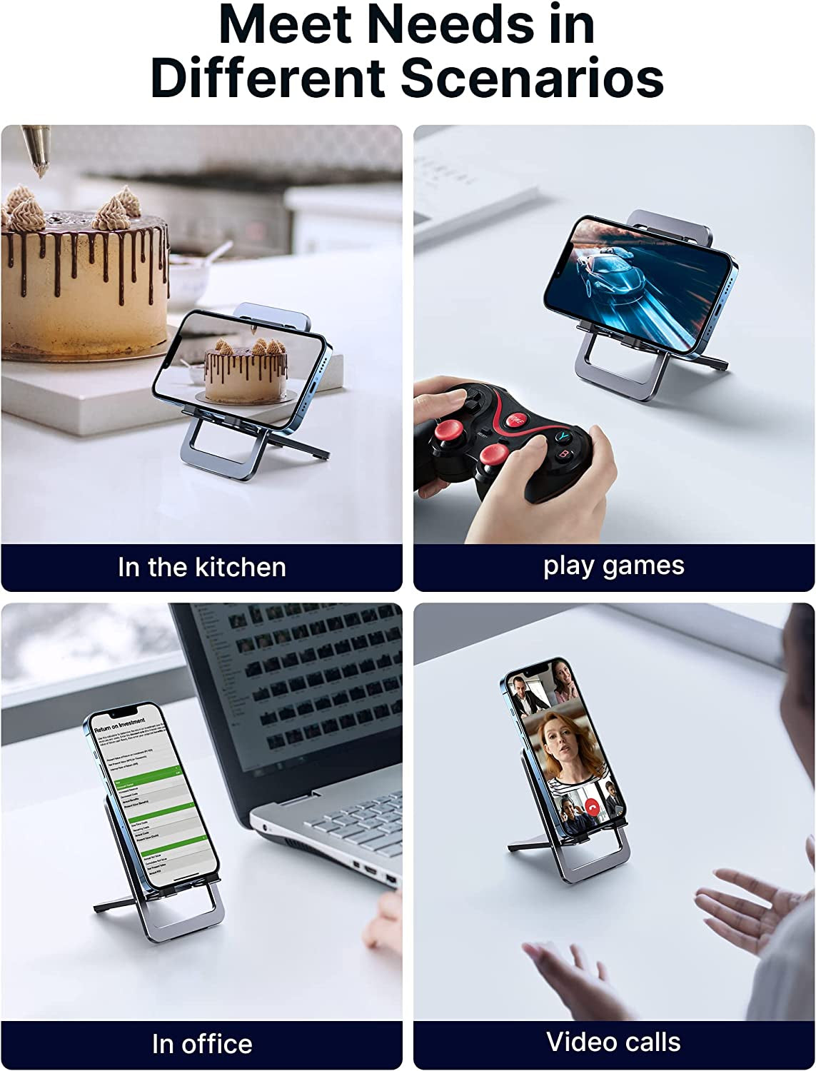Cell Phone Stand 2-Pack, Foldable Aluminum Adjustable Phone Holder for Desk Portable Travel Essentials Office Accessories for Iphone 17 16 15 14 13 Pro Max Samsung S25 S24 S23 Ultra Kindle-Gray