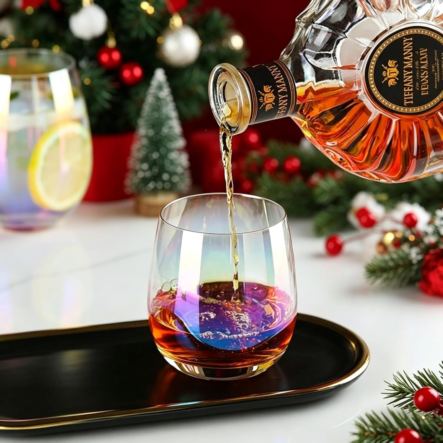 Stemless Red Wine Glasses, 12 Oz.,Iridescent Glassware, Dishwasher-Safe, 4-Piece Set