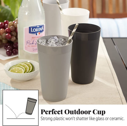 Newport 20 Ounce Unbreakable Plastic Stackable Water Tumblers in Grey Stone | Set of 12 Drinking Cups | Reusable, Bpa-Free, Made in the USA, Top-Rack Dishwasher and Microwave Safe