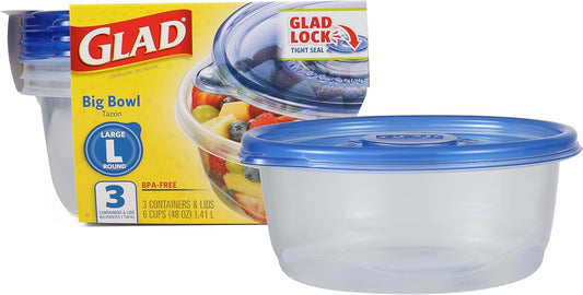 ware Big Bowl Food Storage Containers with Lids, Large round No BPA Plastic Containers for Soups, Salads, and Meal Prep, Lock Tight Seal, Microwave Dishwasher Safe, 48 Oz, 3 Count