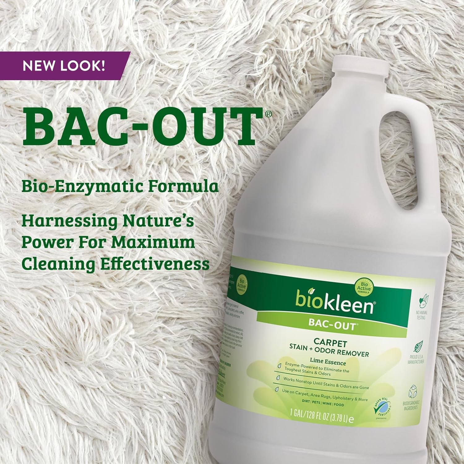 Bac-Out Enzyme Cleaner and Stain & Odor Remover for Pet Stains, Laundry, Diapers, Wine, Carpets, & More, Eco-Friendly, Non-Toxic, Lime Scent, 128 Ounces