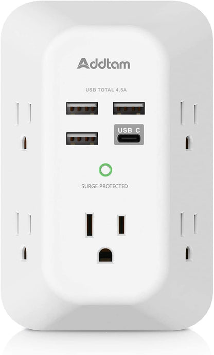 5-Outlet Extender Surge Protector, Multi Plug Wall Outlet with 4 USB Wall Charger(1 USB C Ports), Outlet Splitter Power Strip for Home Office Dorm Room Essentials, Plug Extension Outlet 1800J