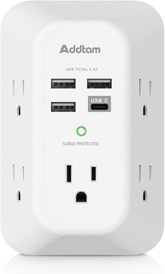 5-Outlet Extender Surge Protector, Multi Plug Wall Outlet with 4 USB Wall Charger(1 USB C Ports), Outlet Splitter Power Strip for Home Office Dorm Room Essentials, Plug Extension Outlet 1800J