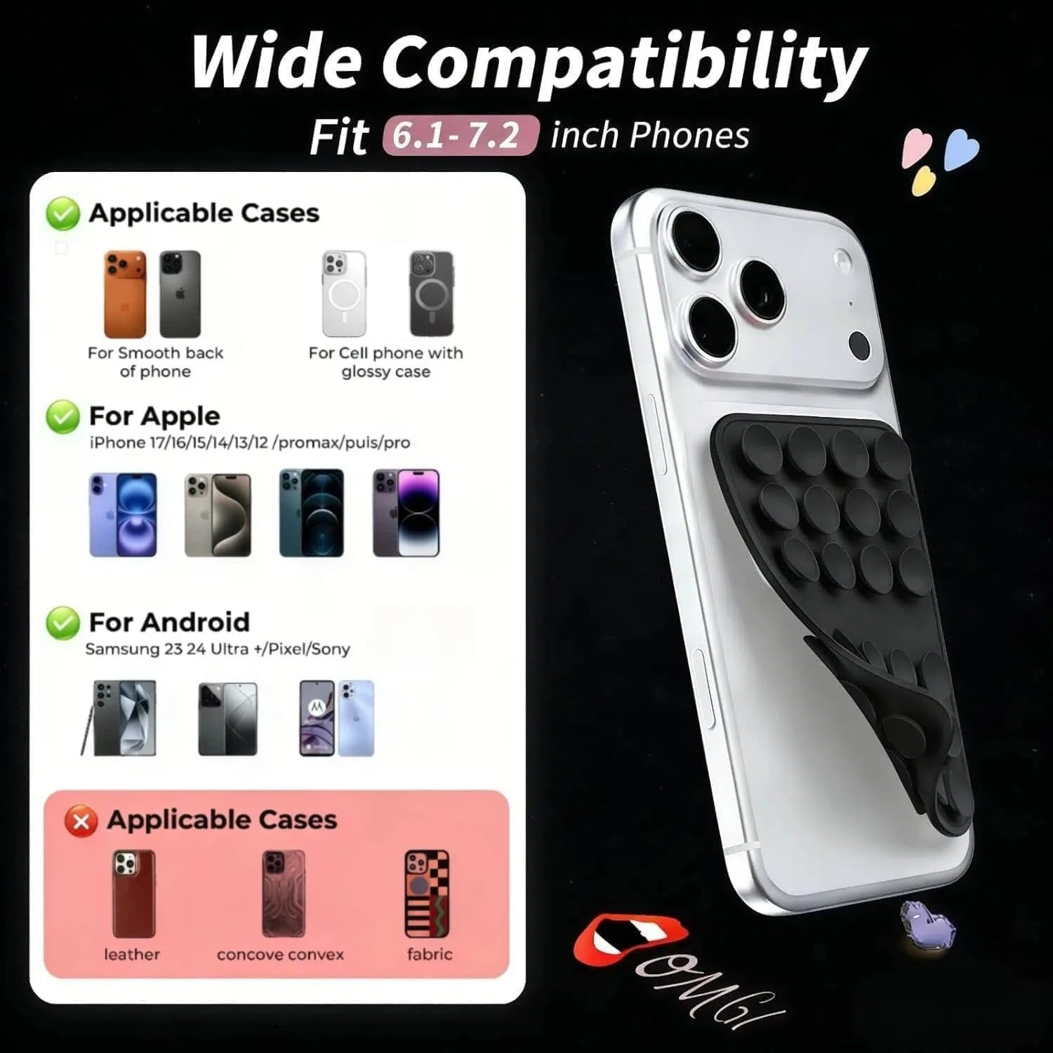 Upgraded Double Sided Silicone Suction Cup Phone Case Mount, Sticky Phone Grip Holder for Hands-Free Selfes & Videos, Reusable Silicone Phone Suction Grip for Iphone & Android, Black