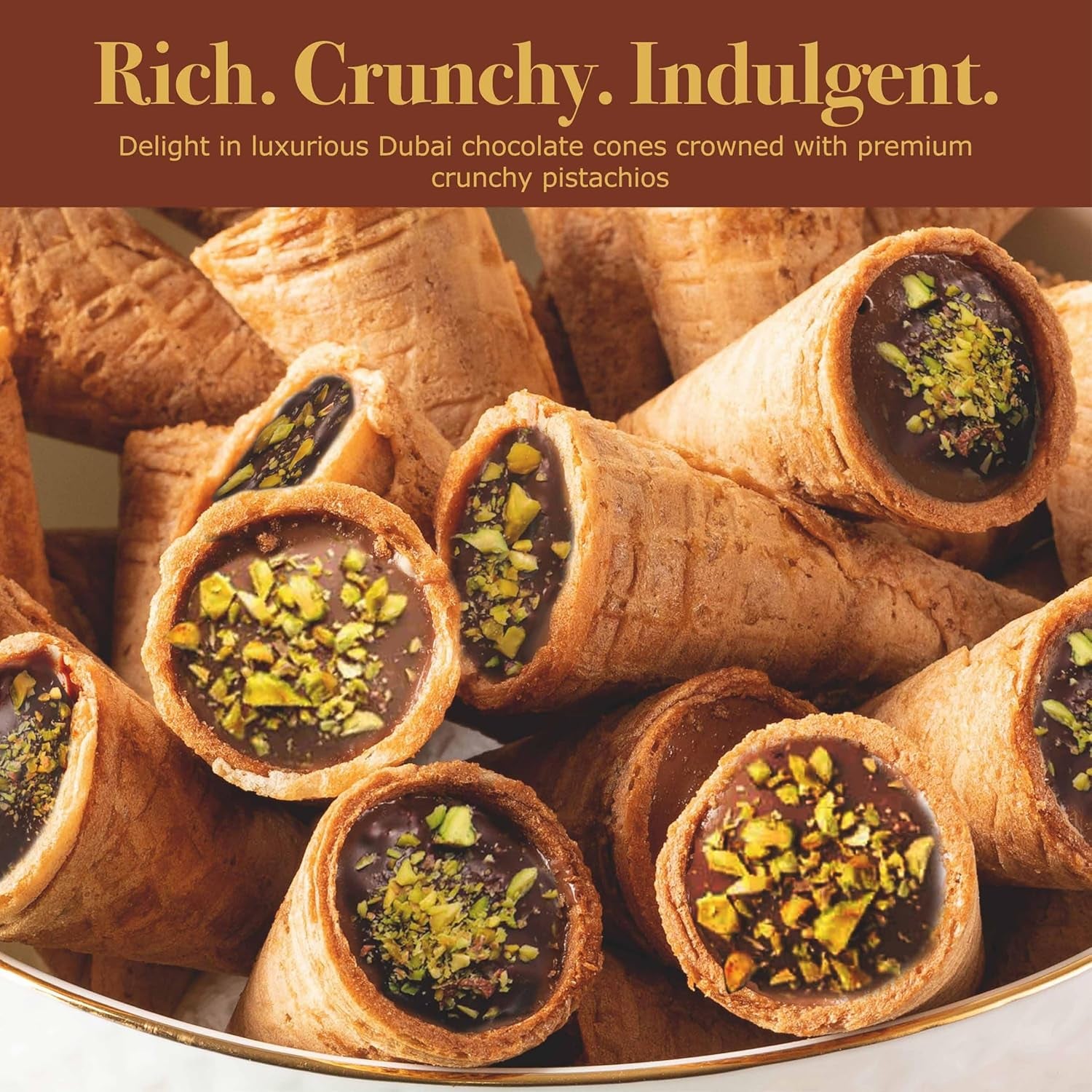 Dubai Chocolate Cones with Pistachio Kunafa | Made with Premium Belgian Chocolates | Kunafa Chocolate | Chocolates De Dubai - 4.7 Oz