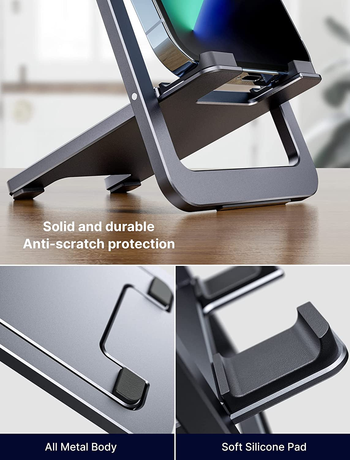 Cell Phone Stand 2-Pack, Foldable Aluminum Adjustable Phone Holder for Desk Portable Travel Essentials Office Accessories for Iphone 17 16 15 14 13 Pro Max Samsung S25 S24 S23 Ultra Kindle-Gray