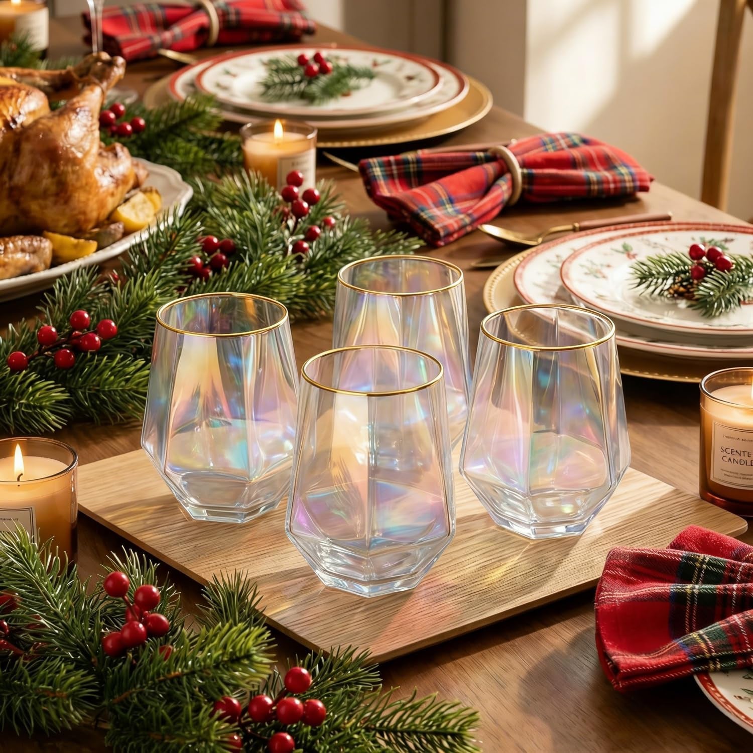Stemless Wine Glass Set of 2,10Oz Iridescent Glassware Dishwasher Safe,Spill-Proof Design Modern Colored Tumblers for Red Wine,Cocktails,Whisky,Bourbon,Wine Gifts