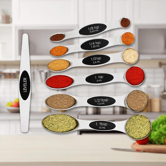 Magnetic Measuring Spoons Set with Strong N45 Magnets, Heavy Duty Stainless Steel Metal, Fits in Most Kitchen Spice Jars for Baking & Cooking, BPA Free, Set of 7 with Leveler, Black