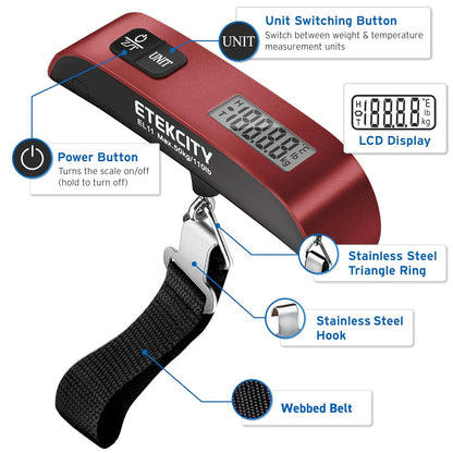 Luggage Scale, Digital Weight Scales for Travel Accessories Essentials Suitcases , Portable Handheld Scale with Temperature Sensor, Rubber Paint, 110 Pounds, Battery Included