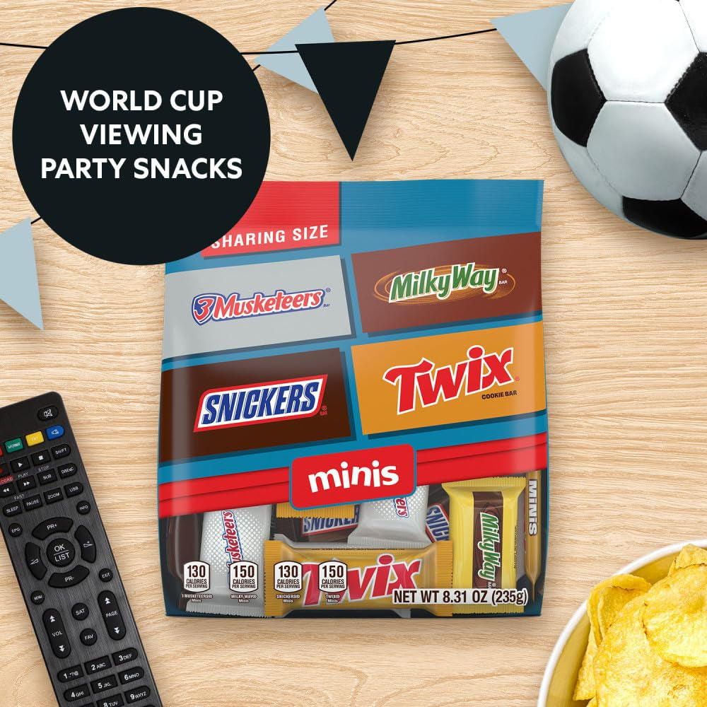 SNICKERS, TWIX, MILKY WAY and 3 MUSKETEERS Soccer Watch Party Candy Individually Wrapped Chocolate Candy Bars Football Variety Pack, Sharing Size, 8.31 Oz Bulk Bag