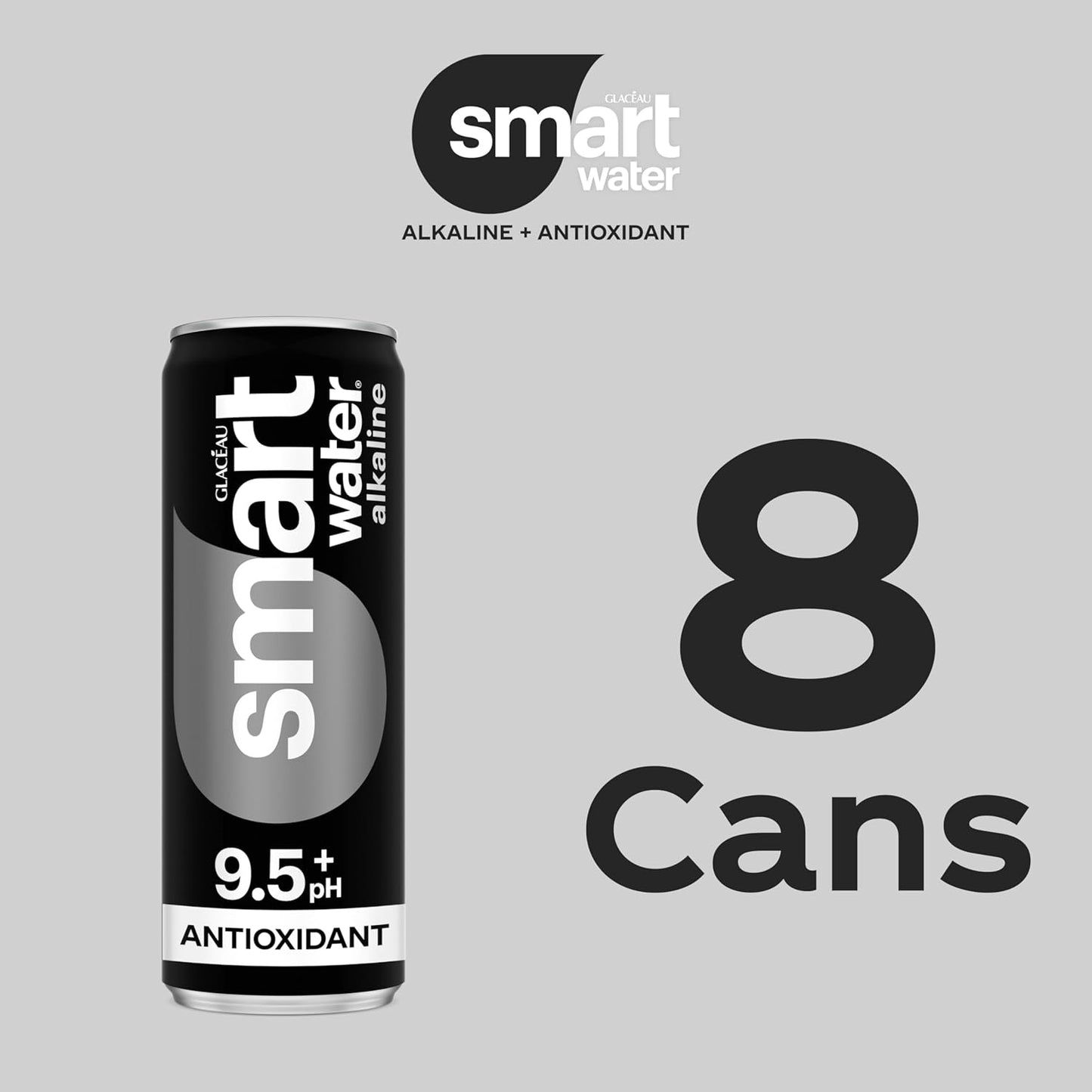 Smartwater Premium Canned Alkaline Water with Antioxidants, 12 Fl. Oz. Sleek Cans, 8-Pack