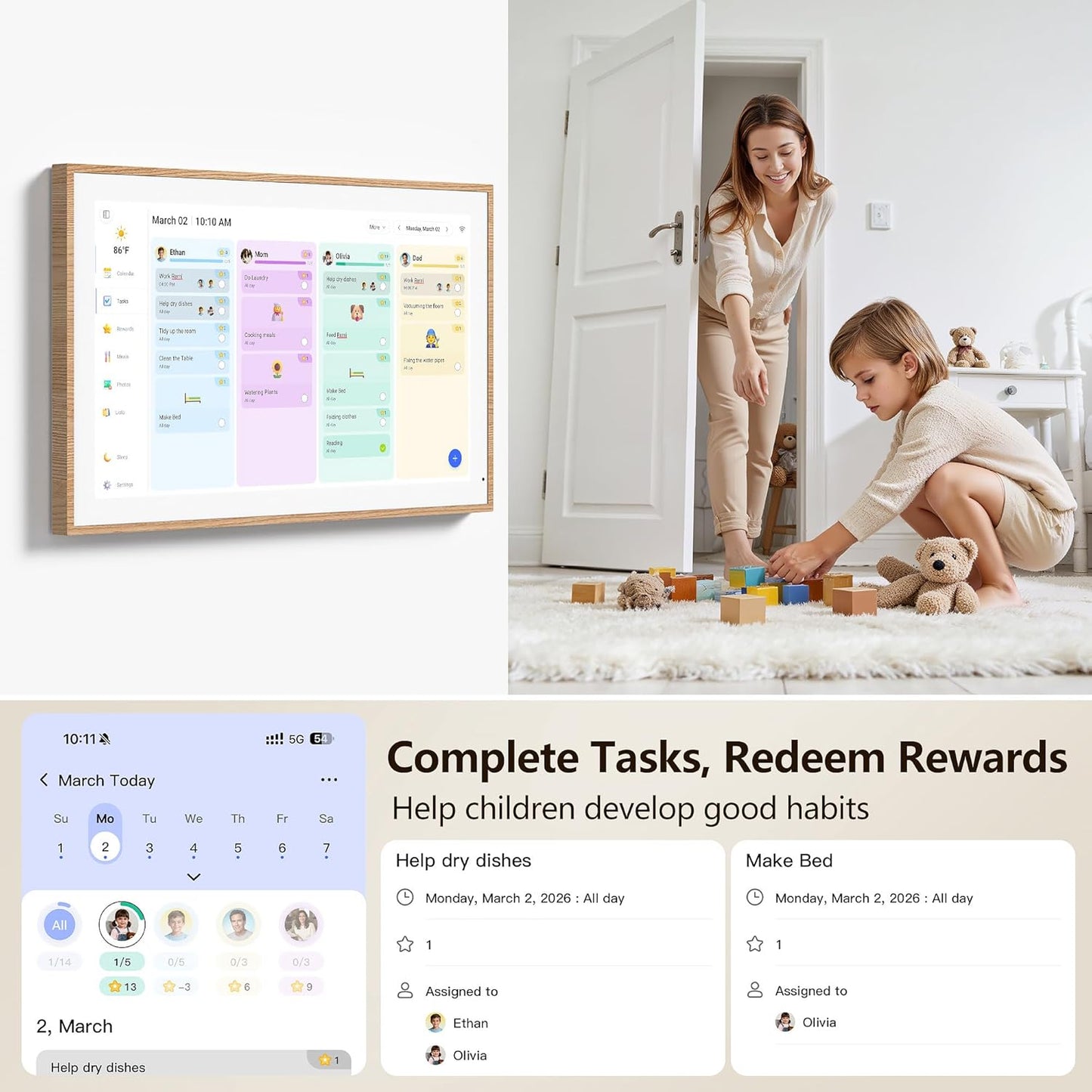 Digital Calendar, 15.6 Inch Wall Planner Electronic Calendar & Chore Chart, Smart Touchscreen Interactive Display for Family Schedules, Great for Organizing Your Routines, Wall & Desk Mountable