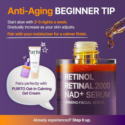 Retinol 0.1% + Retinal 0.1% Anti-Aging Facial Serum | for Wrinkles, Fine Lines & Firmer Skin | Dual Retinoids with NAD+, Improve Elasticity & Skin Texture | Korean Skincare, 30Ml 1.01 Fl.Oz