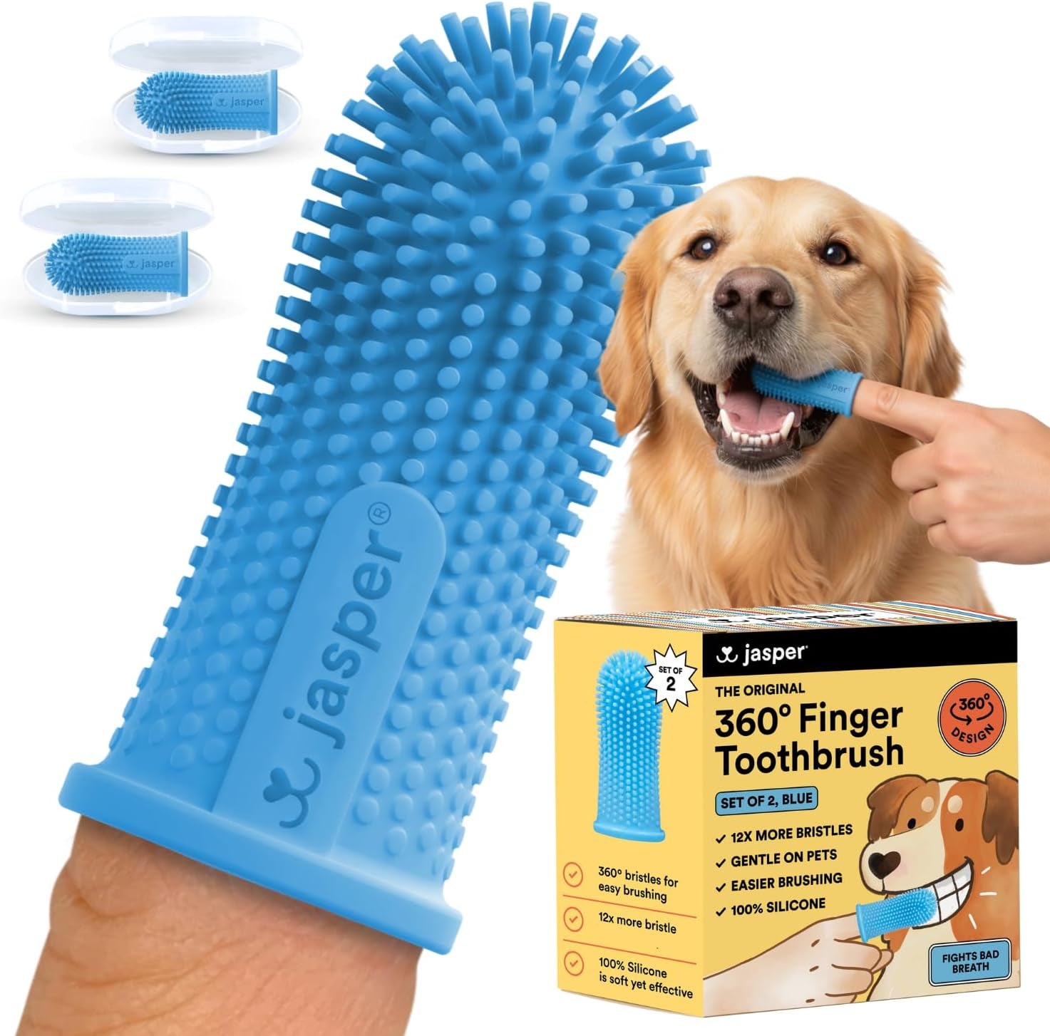 Dog Toothbrush, 360 Dog Tooth Brushing Kit, Finger Toothbrush, Cat Tooth Brush, Teeth Cleaning, Pet Tooth Brush for Small & Large Pets, Pet Toothpaste Not Included, 2-Pack Blue