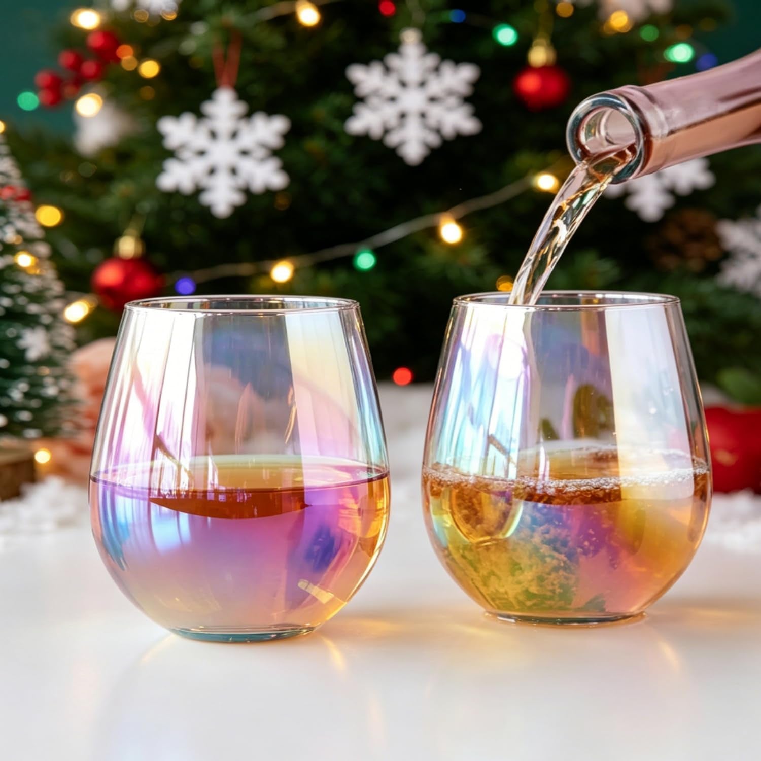 Stemless Red Wine Glasses, 12 Oz.,Iridescent Glassware, Dishwasher-Safe, 4-Piece Set