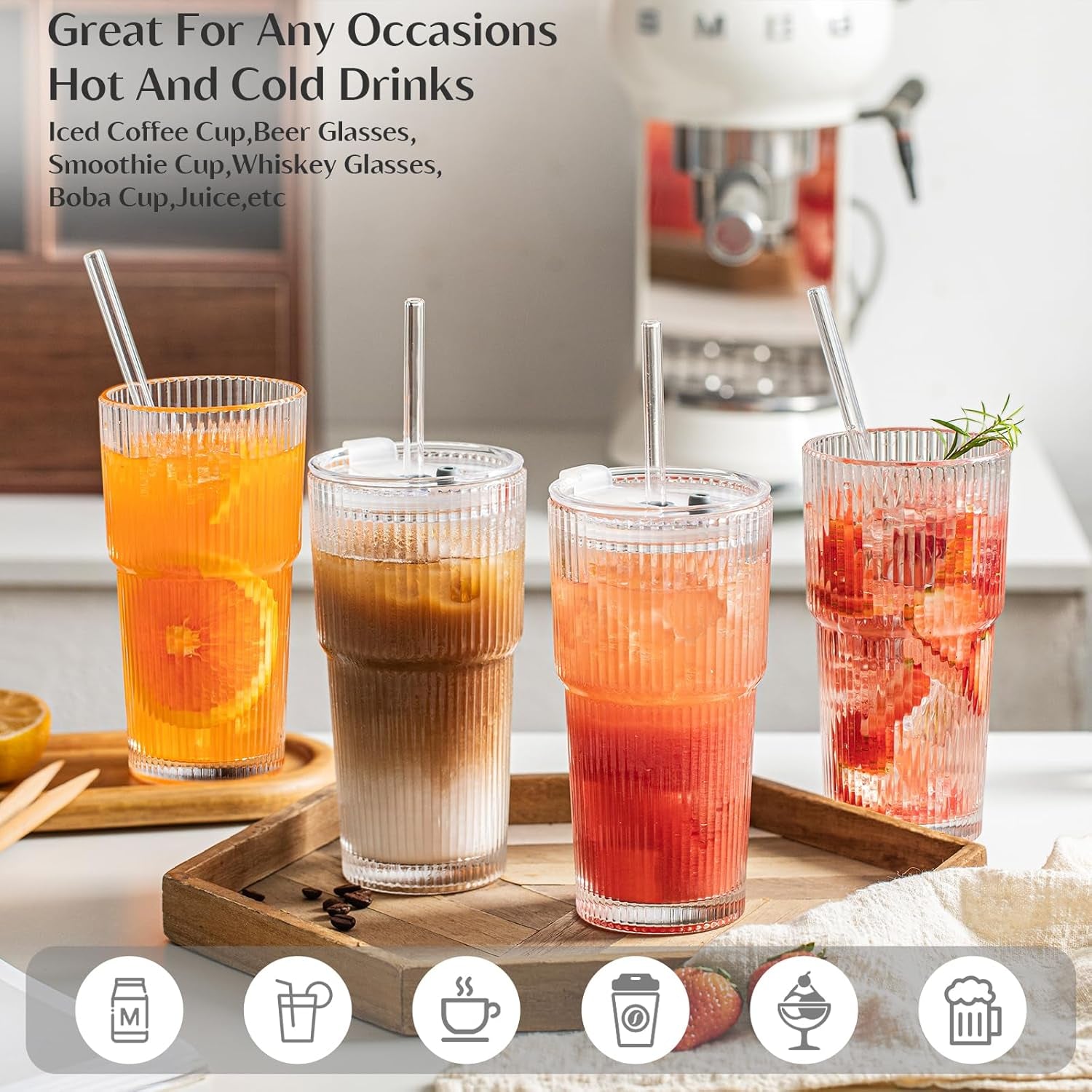 20 Oz Ribbed Glass Tumblers with Lids and Glass Straws – 4-Piece Glassware Set, Thickened Wall, Ideal for Iced Coffee, Smoothies, Cocktails, and Juices – Elegant and Durable Drinkware