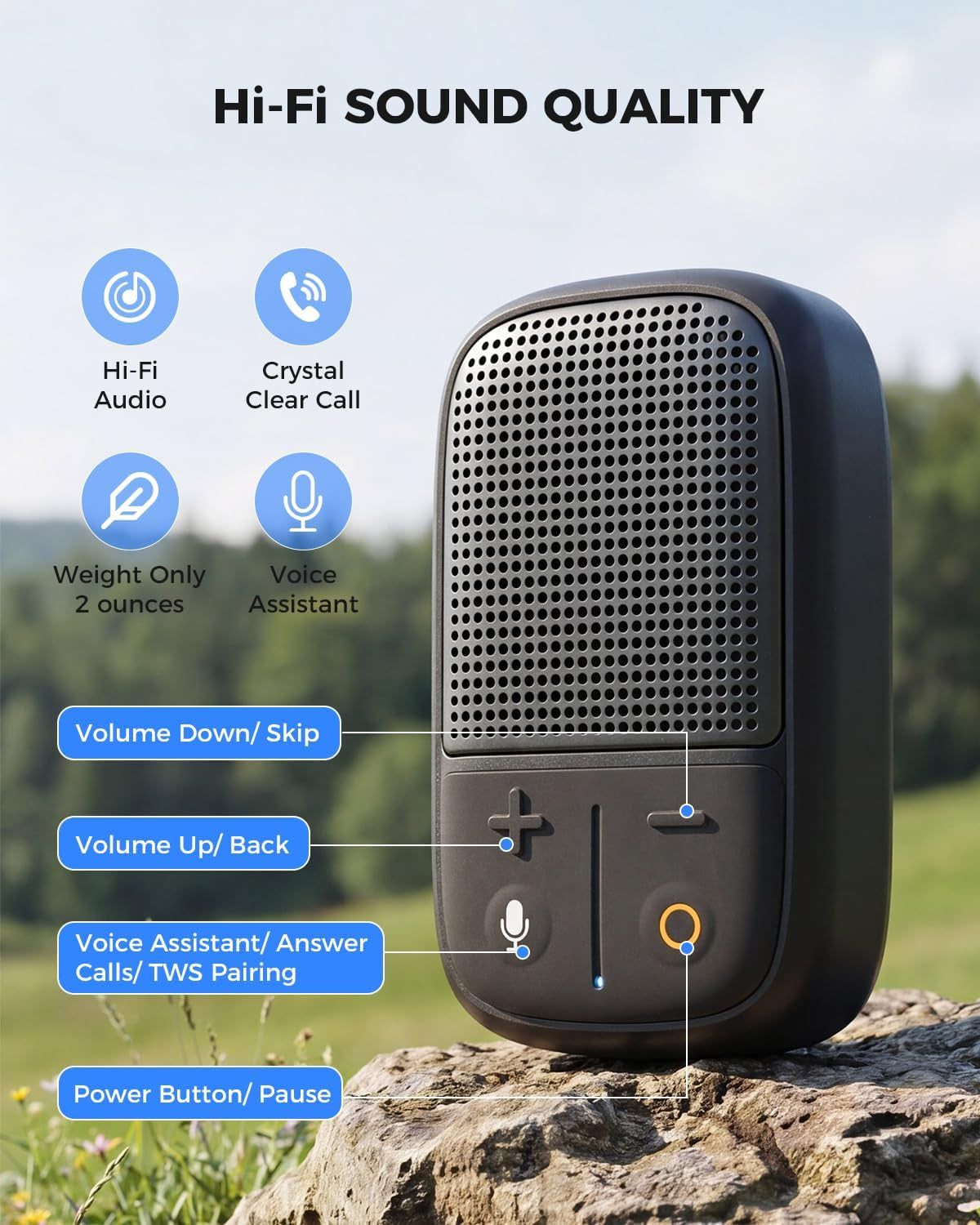 (Updated Version) Wearable Bluetooth Speaker with Voice Assistant & Mic, IPX7 Waterproof Clip-On Portable Speaker, TWS Pairing, up to 30H of Play, for Outdoor Golf Work Pool