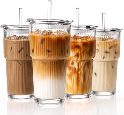 20Oz Glass Tumblers with Straws and Lids, Ribbed Iced Coffee Cups Leak-Proof, Dishwasher Safe, Thickened Glass Cups with Lids Ideal for Coffee and Travel, Clear, 4 Pack