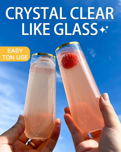 24 Pack Champagne Flutes Plastic, 9 Oz Disposable Stemless Mimosa Gold Rim Toasting Glasses, Clear Crystal Plastic Cocktail Cups for Bridal Shower Wedding Party Birthday Mimosa Bar