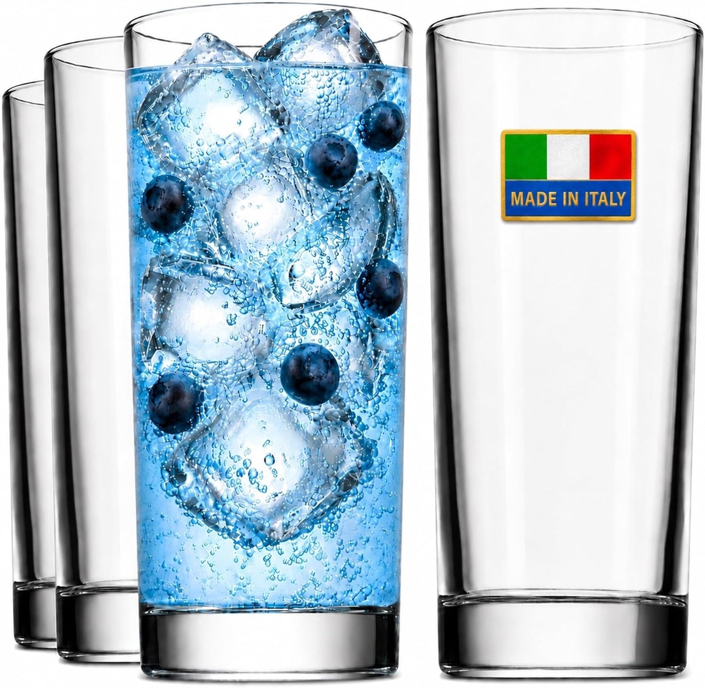 Highball Drinking Glasses, Italian Made Tall Glass Cups, Water Glasses Drinking Set, Cocktail Glasses - 14Oz, Set of 4, Made in Italy