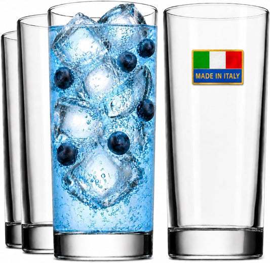 Highball Drinking Glasses, Italian Made Tall Glass Cups, Water Glasses Drinking Set, Cocktail Glasses - 14Oz, Set of 4, Made in Italy