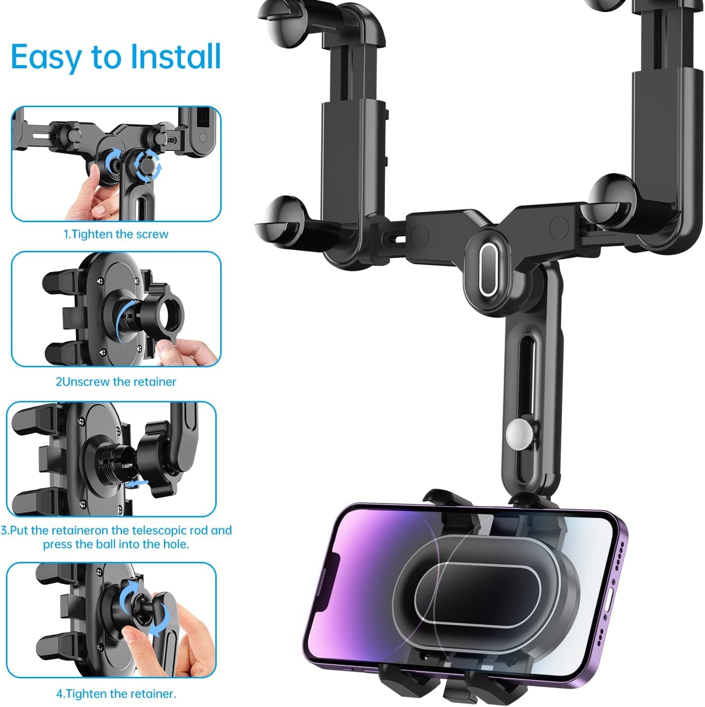 Rearview Mirror Phone Holder for Car,360°Rotatable and Retractable Multifunctional Rear View Mirror Phone Holder,Four Corners Fixed Anti-Shake Design,For All Mobile Phones and All Car