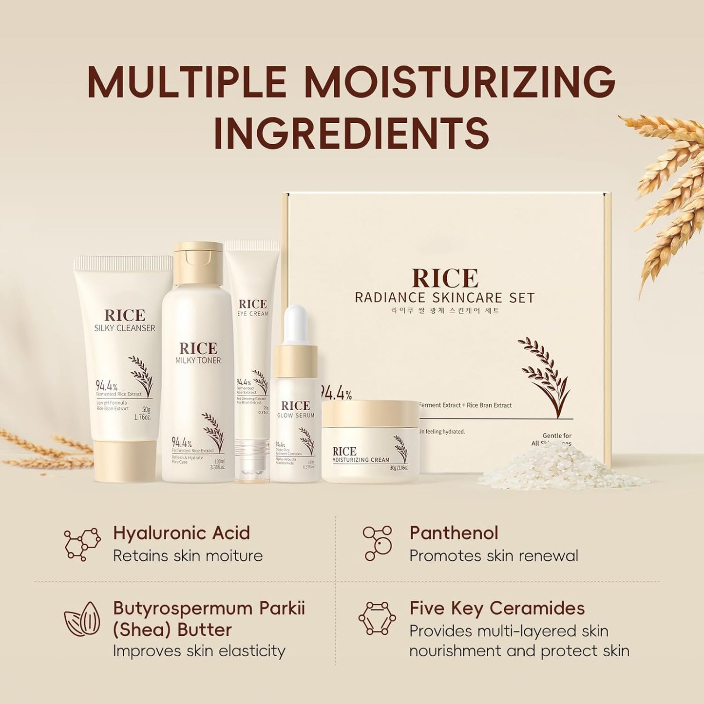 Skin Care Set, Korean Skin Care with Rice Cleanser, Toner, Serum, Eye Serum, Moisturizing Cream 5Pcs for Women Teen Girls Mom Daughter Mother'S Day Birthday Christmas Lover Korean Beauty