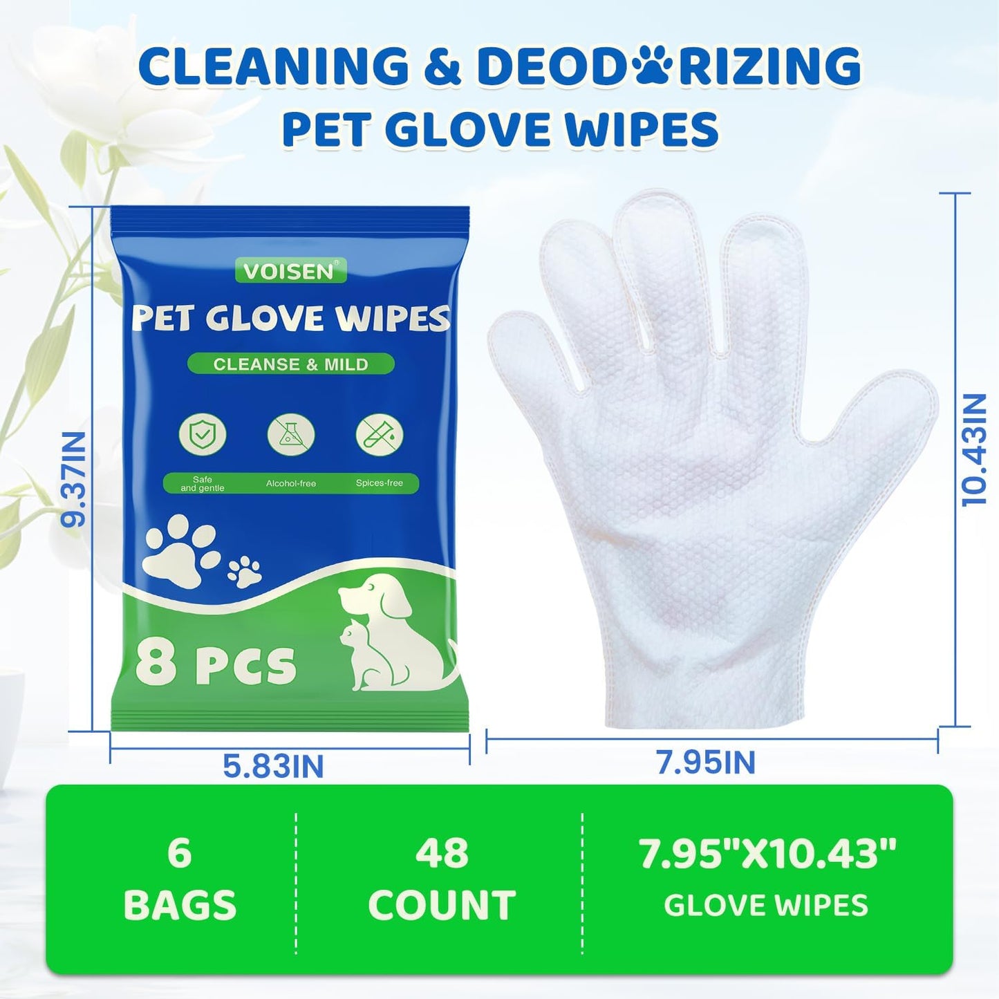 48 Pcs Pet Glove Wipes for Dogs and Cats, Cleaning & Deodorizing Bathing Grooming Wipes,Unscented Thick Nourish Fur Glove Wipes for Pet Dry Cleaning,Daily Care and Travel
