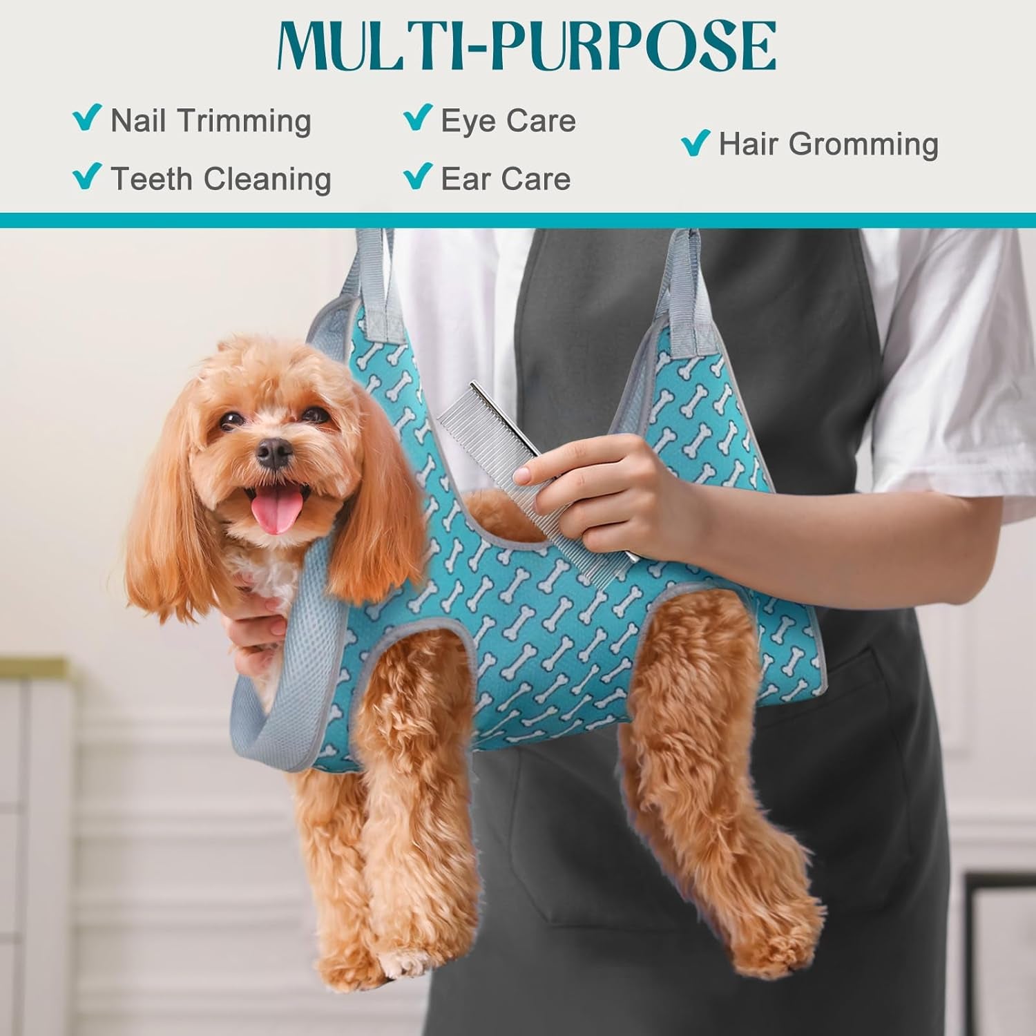 Dog Grooming Hammock Harness for Dogs Cats, Relaxation Pet Nail Clipper Hammock, Restraint Dog & Small Animal Leashes Sling for Groomingk for Nail Trimming (Coral Blue, S)