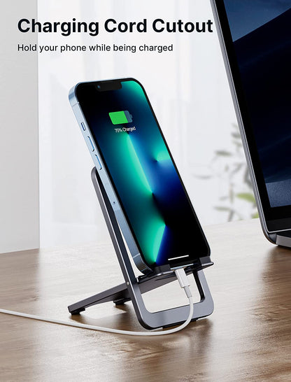 Cell Phone Stand 2-Pack, Foldable Aluminum Adjustable Phone Holder for Desk Portable Travel Essentials Office Accessories for Iphone 17 16 15 14 13 Pro Max Samsung S25 S24 S23 Ultra Kindle-Gray