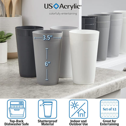 Newport 20 Ounce Unbreakable Plastic Stackable Water Tumblers in Grey Stone | Set of 12 Drinking Cups | Reusable, Bpa-Free, Made in the USA, Top-Rack Dishwasher and Microwave Safe