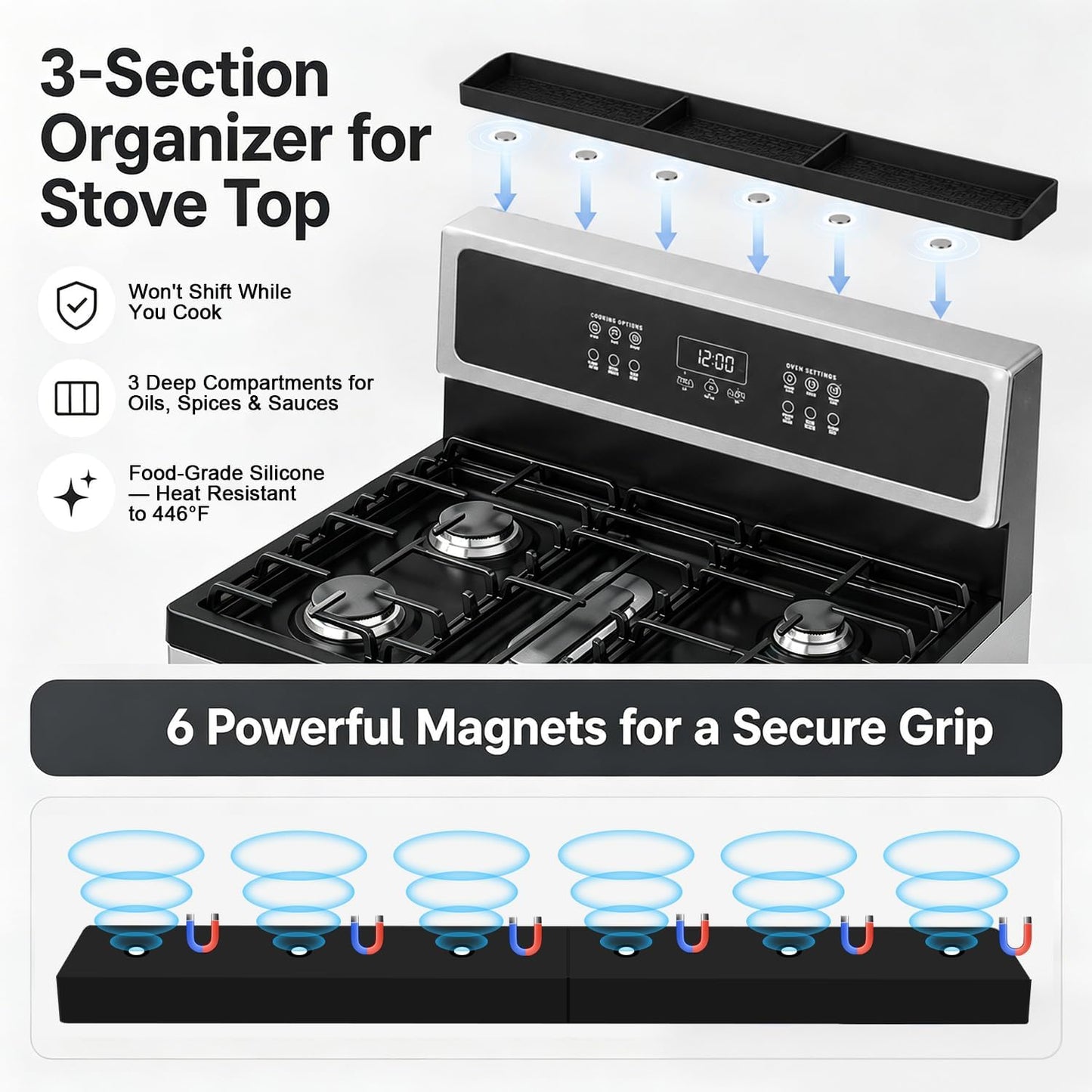 Magnetic Stove Top Shelf, over the Stove Shelf Spice Rack & Spice Organizer – 30" Heat Resistant Silicone Stove Shelf, No Drill Kitchen Storage Organizer for Gas/Electric Stoves & Small Kitchens