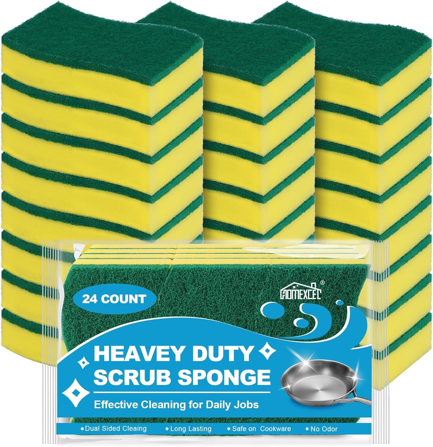 Sponges Kitchen 24Pcs Heavy Duty for Dishes, Yellow Scrub Cleaning Sponge for Non-Coated Cookware, Dishes, Pots, Pans, Dual Sided Dish Sponge for Kitchen, Household, Bathroom