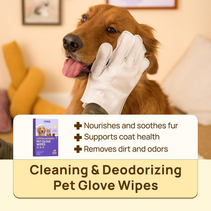Dog Wipes Cleaning Deodorizing Glove Wipes for Dogs, Cats & Horses, Vet Recommended Hypoallergenic Hydrating & Nourishing Pet Wipes for Eyes, Ears, Butt & Paws, No-Rinse, 6Pcs Coconut Scent