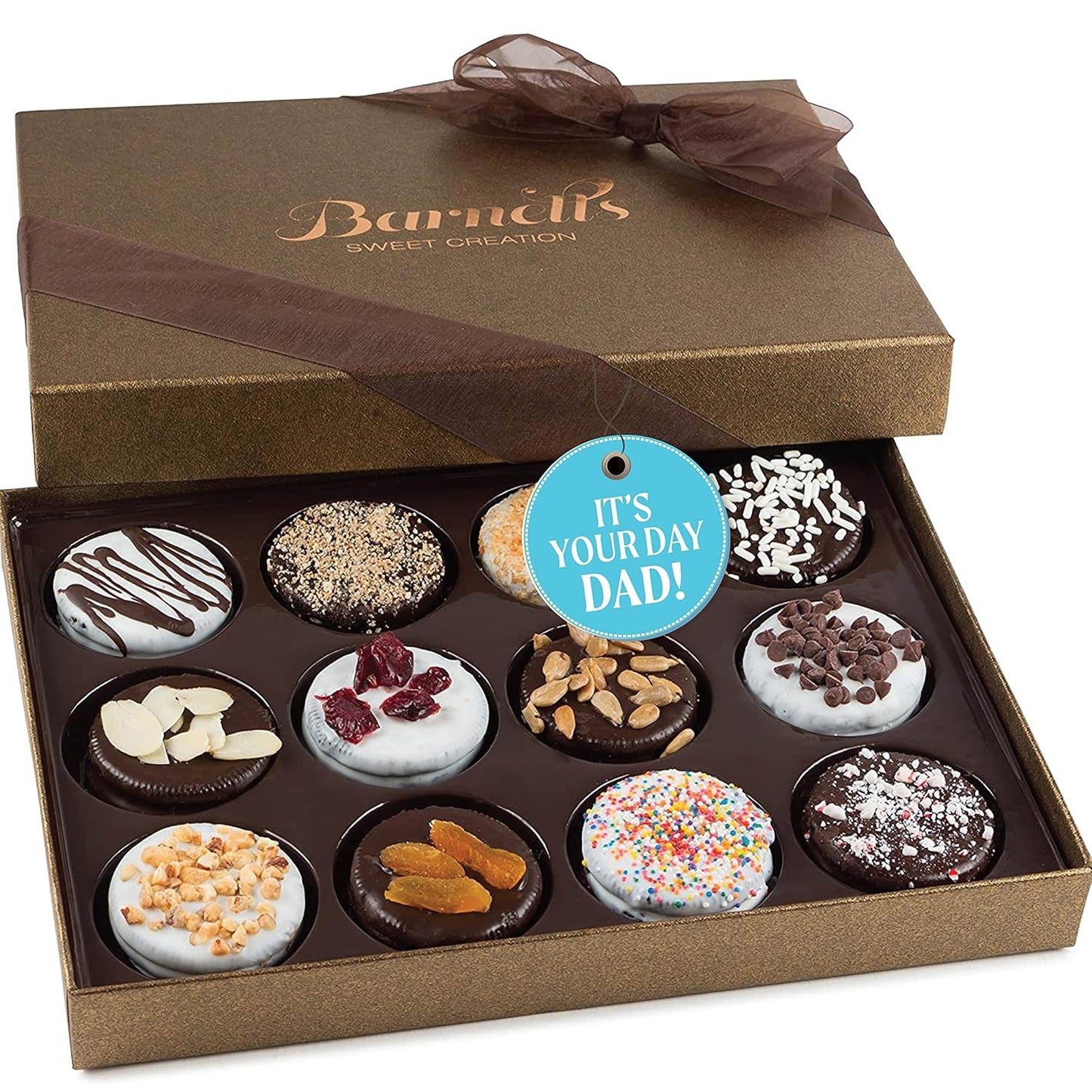 Barnetts Fathers Day Gift Basket, 12 Chocolate Covered Cookies Gourmet Candy Box Baskets for Dad, Men, Husband, Father, Grandfather, Son, Brother, Prime Food Delivery, Gifts for Him