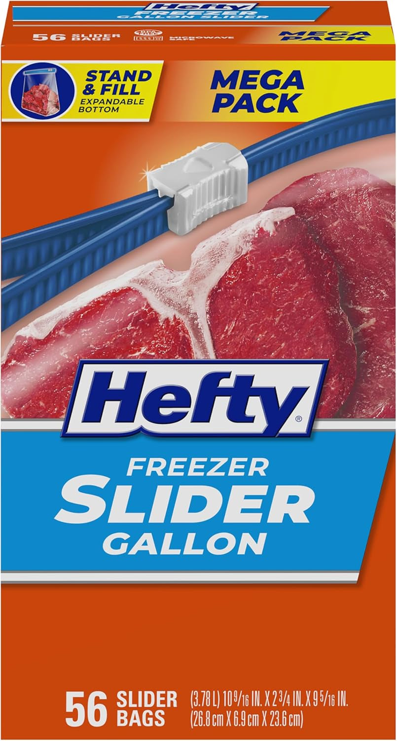 Slider 1 Gallon Freezer Bags, 56 Count, Gallon Slider Bags for Freezer, Holds Raw Meat, Soups, Prepped Fruits and Veggies, and More, Writable Label, Secure Zip and Click Closure