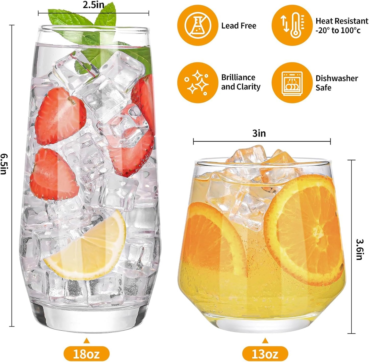 Drinking Glasses Set of 8,Clear 13 Oz & 18Oz Crystal Glass Cups,Drinkware Glassware,Highball Water Tumbler,Short Stemless Wine Glasses，For Beer,Cocktail,Whiskey,Juice and Various Mixed Drinks