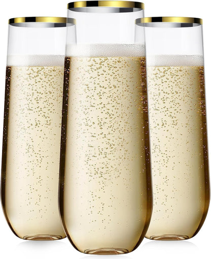24 Pack Champagne Flutes Plastic, 9 Oz Disposable Stemless Mimosa Gold Rim Toasting Glasses, Clear Crystal Plastic Cocktail Cups for Bridal Shower Wedding Party Birthday Mimosa Bar