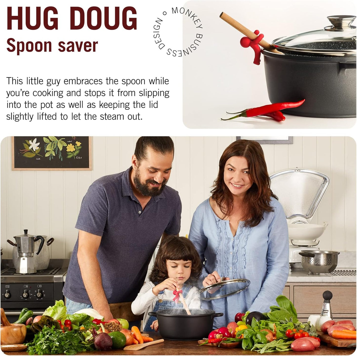 Hug Doug Spoon Saver | Spoon Holder and Lid Lifter Stopping the Spoon from Falling in | Silicone Spoon Rest | Stove Spoon Holder | Cool Kitchen Gadgets & Cute Kitchen Accessories | by