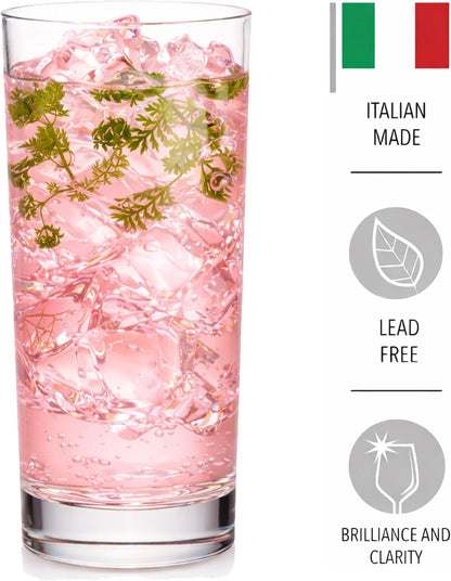 Highball Drinking Glasses, Italian Made Tall Glass Cups, Water Glasses Drinking Set, Cocktail Glasses - 14Oz, Set of 4, Made in Italy