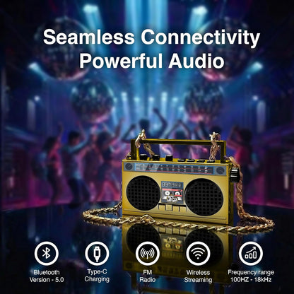 Portable Bluetooth Speakers, Retro Speakers Bluetooth Wireless Wearable Mini Bluetooth Boombox with 27” Neck Chain, FM Radio, On-Board Buttons, Dual 3W Peak Power Bluetooth Speaker for Home & Travel