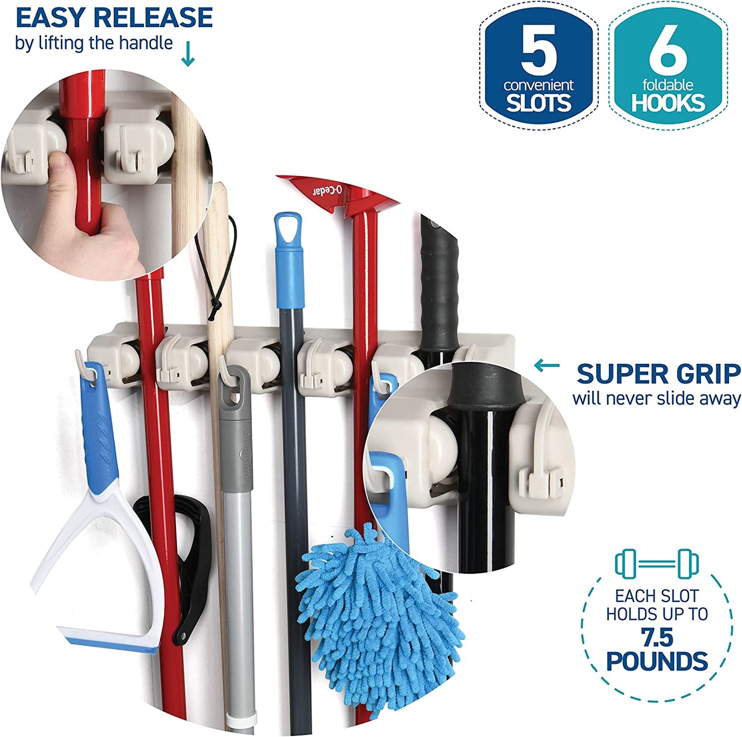 Broom and Mop Holder Wall Mount – Heavy Duty Garage Organizer with 5 Slots & 6 Hooks, 7.5Lbs Capacity per Slot - Easy Install Storage Rack for Home, Kitchen, Laundry Room & Garden - Off-White