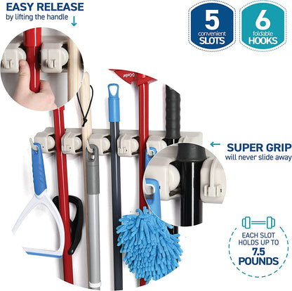 Broom and Mop Holder Wall Mount – Heavy Duty Garage Organizer with 5 Slots & 6 Hooks, 7.5Lbs Capacity per Slot - Easy Install Storage Rack for Home, Kitchen, Laundry Room & Garden - Off-White