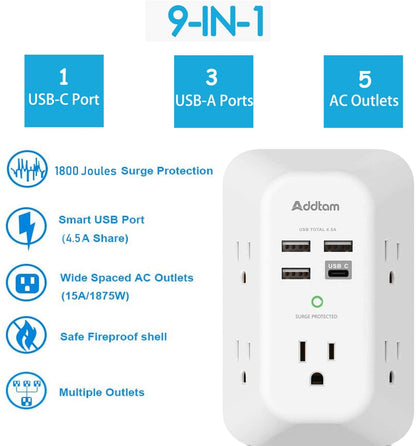 5-Outlet Extender Surge Protector, Multi Plug Wall Outlet with 4 USB Wall Charger(1 USB C Ports), Outlet Splitter Power Strip for Home Office Dorm Room Essentials, Plug Extension Outlet 1800J