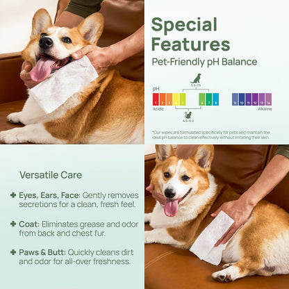 Wipes for Dogs & Cats, Vet Recommended Cleaning Deodorizing & Soothing Allergy Infections Anal Gland Wipes, Hydrating & Nourish Fur Dog Grooming Wipes for Paw, Butt, Body-Hypoallergenic