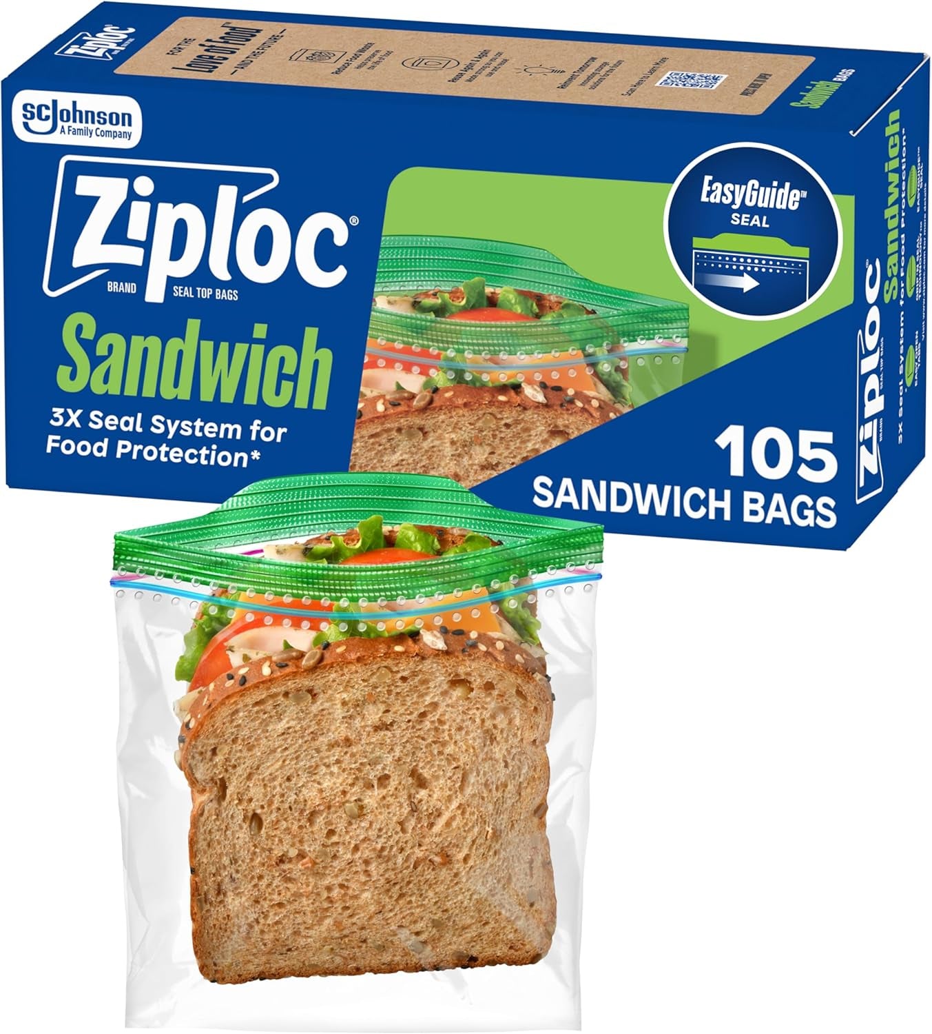 Ziploc Sandwich and Snack Bags with Easyguide Texture, Plastic Storage Bags with Grip 'N Seal Technology, 105 Bags Total