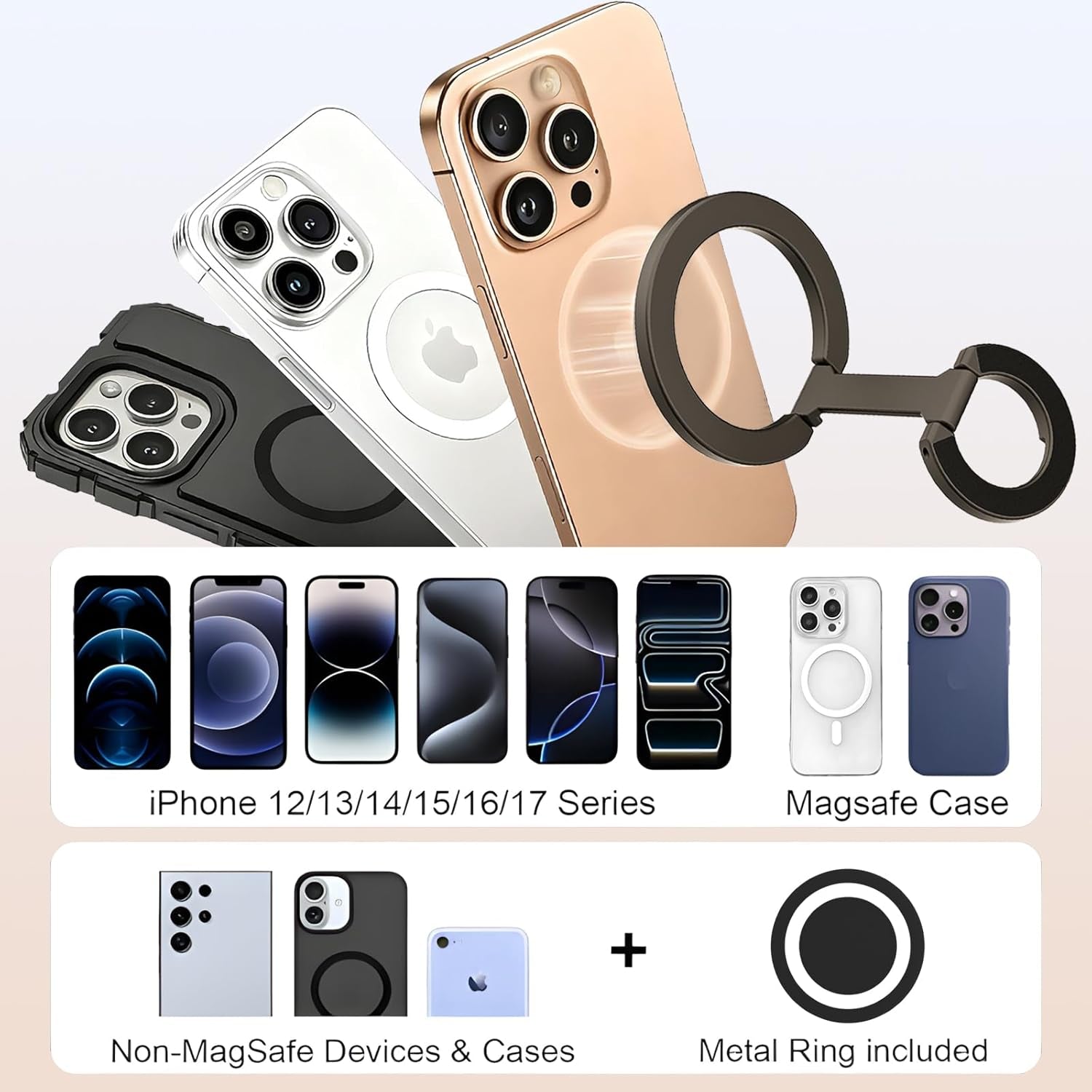 Magnetic Phone Ring for Magsafe Grip [Dual-Sided Magnetic] [Super Magnet] [Magnet Phone Stand Grip Compatible with Car Mounts] Mag Safe Accessory for Iphone 17/16/15/14/13 Pro Max Plus, Grey